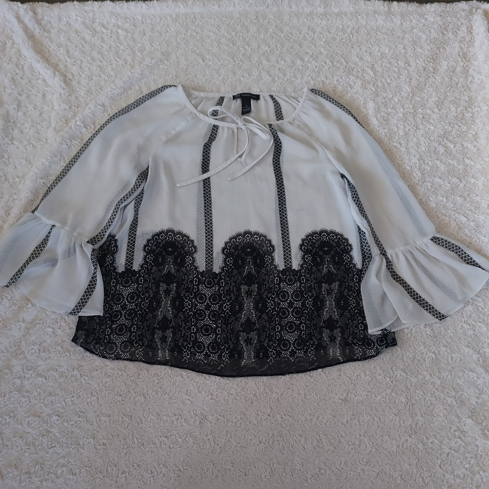 INC Intl Concepts White Flowy Blouse Black Lace Design Whimsigoth Fairy Romantic